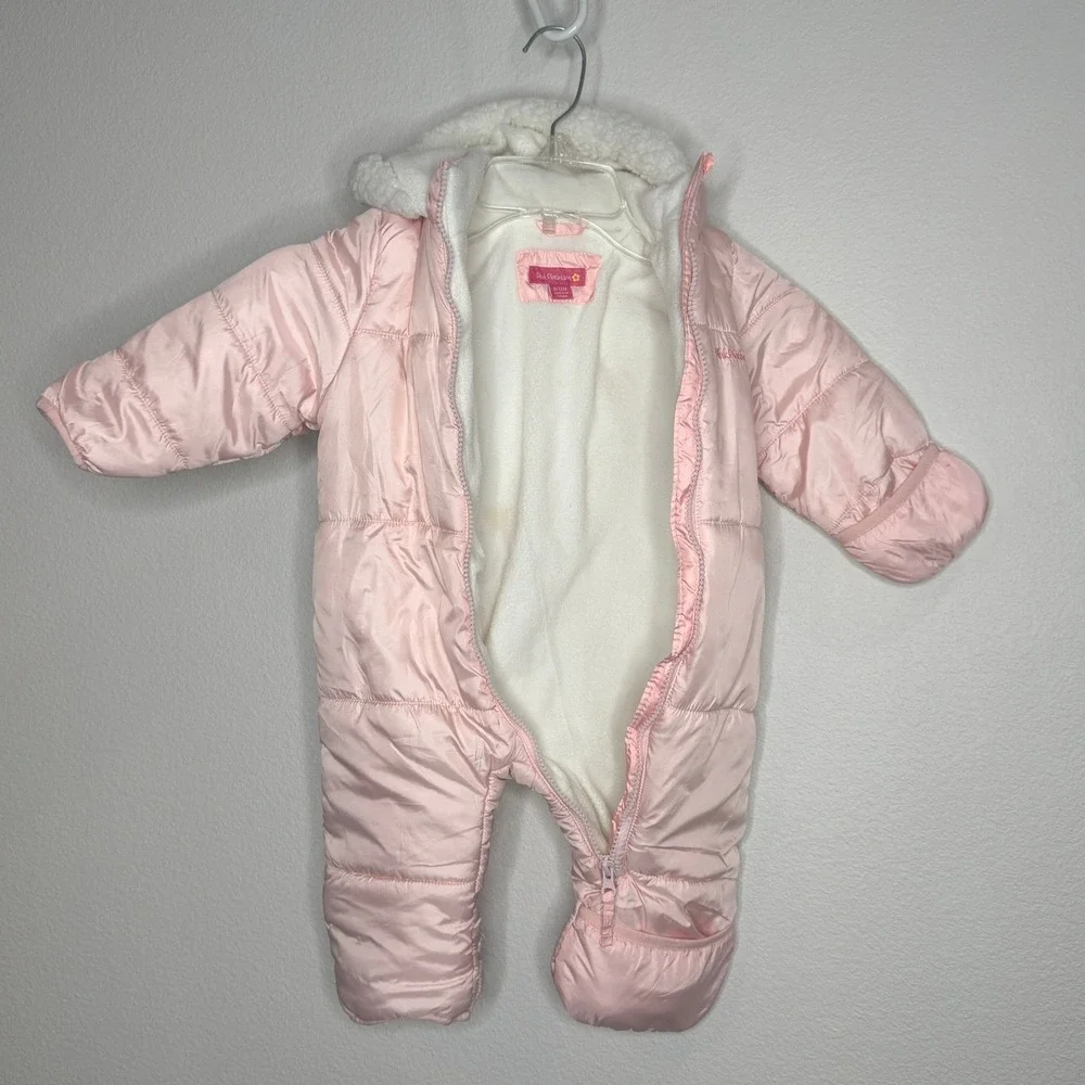 PINK PLATINUM Girls Snow Suit Bunting 9-12‎ Mnth Pink Hood Fleece Lining Winter